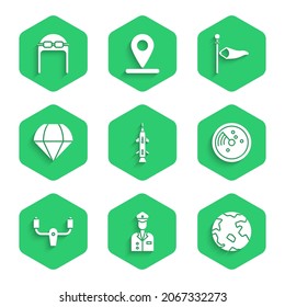 Set Rocket, Pilot, Worldwide, Radar with targets on monitor, Aircraft steering helm, Parachute, Cone meteorology windsock wind vane and Aviator hat goggles icon. Vector