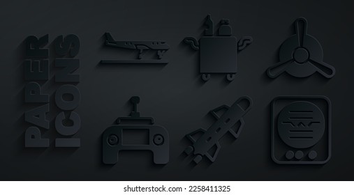 Set Rocket, Plane propeller, Drone remote control, Attitude indicator, Trolley for food and  icon. Vector
