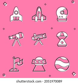 Set Rocket ship, Astronaut helmet, Telescope, Space capsule, Moon with flag and UFO flying spaceship icon. Vector