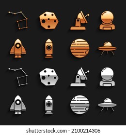 Set Rocket ship, Astronaut helmet, UFO flying spaceship, Planet, Satellite dish, Great Bear constellation and Asteroid icon. Vector