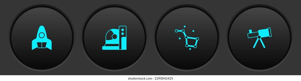 Set Rocket ship, Astronaut helmet, Great Bear constellation and Telescope icon. Vector