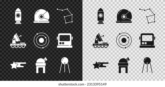 Set Rocket ship, Astronaut helmet, Great Bear constellation, Falling star, Astronomical observatory, Satellite, Mars rover and Solar system icon. Vector