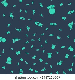 Establecer nave cohete, casco de astronauta, pistola de rayos y nave espacial voladora OVNI en un patrón sin fisuras. Vector