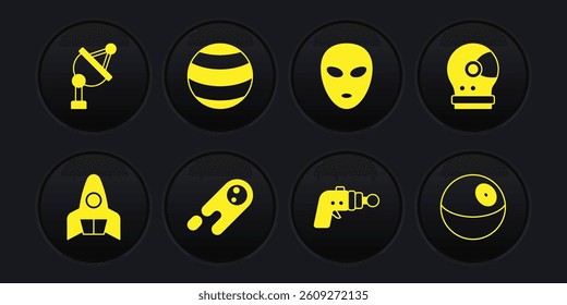 Set Rocket ship, Astronaut helmet, Comet falling down fast, Ray gun, Alien, Planet,  and Satellite dish icon. Vector