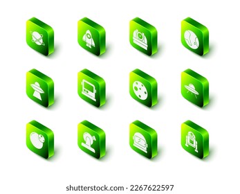 Set Rocket ship, Astronomical observatory, Earth globe, UFO flying spaceship, Robot, Planet Mars, Astronaut helmet and  icon. Vector