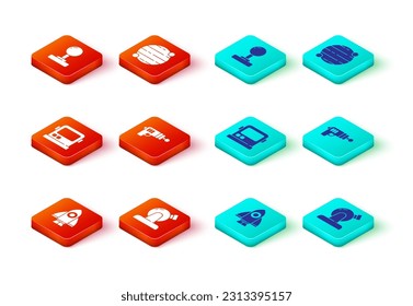 Emprender un cohete, observatorio astronómico, casco astronauta, pistola Ray, icono Planeta y Joystick. Vector