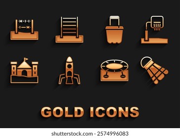 Set Rocket ship, Basketball backboard, Badminton shuttlecock, Jumping trampoline, Sand castle, bucket, Abacus and Swedish wall icon. Vector
