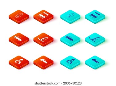 Set Rocket ship, Car, Windsurfing, Train and railway and Surfboard icon. Vector