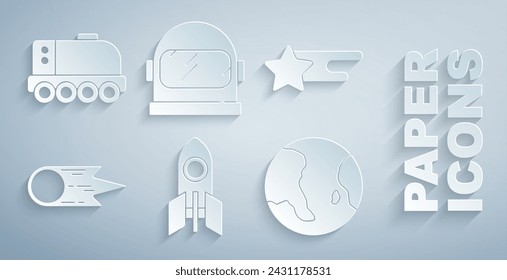 Set Rocket ship, Falling star, Comet falling down fast, Earth globe, Astronaut helmet and Mars rover icon. Vector