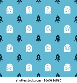 Set Rocket ship with fire and Alien on seamless pattern. Vector