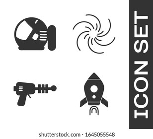 Set Rocket ship with fire, Astronaut helmet, Ray gun and Black hole icon. Vector