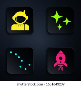 Set Rocket ship with fire, Astronaut, Great Bear constellation and Falling star. Black square button. Vector