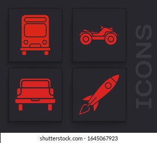 Set Rocket ship with fire, Bus, All Terrain Vehicle or ATV motorcycle and Pickup truck icon. Vector