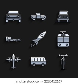 Set Rocket ship with fire, Bus, Bicycle, Tram and railway, Old retro vintage plane, Formula race car, Car and Off road icon. Vector