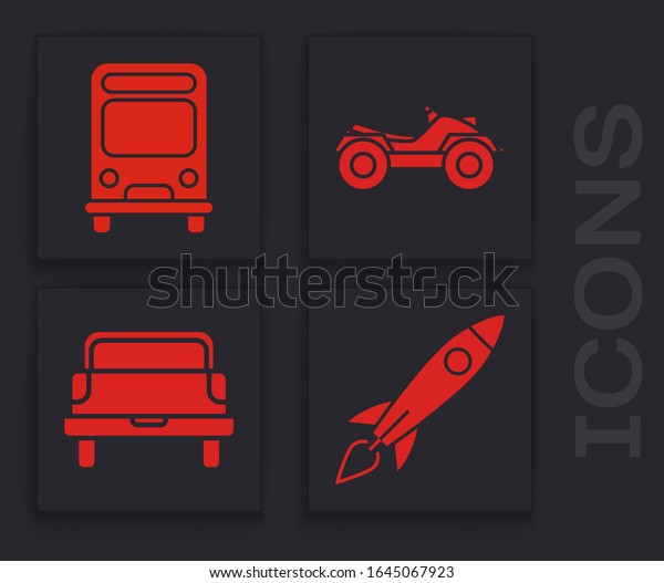 Set Rocket ship with fire,\
Bus, All Terrain Vehicle or ATV motorcycle and Pickup truck icon.\
Vector