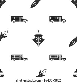 Set Rocket ship with fire, Cargo ship and School Bus on seamless pattern. Vector