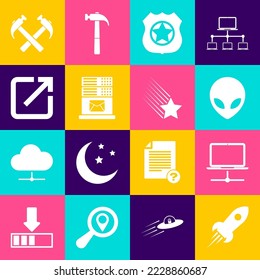 Set Rocket ship with fire, Computer network, Alien, Police badge, Mail server and Open in new window icon. Vector