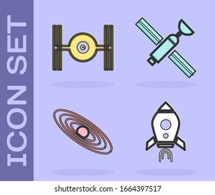 Coloca un barco cohete con fuego, barco cósmico, icono Planeta y Satélite. Vector