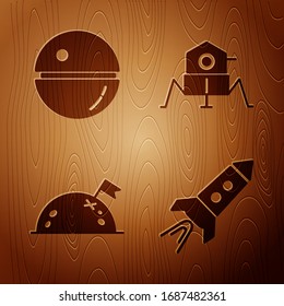 Set Rocket ship with fire, Death star, Planet with flag and Mars rover on wooden background. Vector