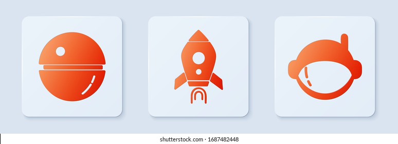 Set Rocket ship with fire, Death star and Astronaut helmet. White square button. Vector