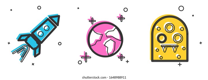 Coloque un barco Rocket con fuego, globo terrestre e icono Alien. Vector
