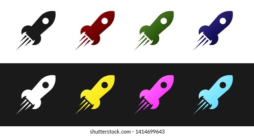 Set Rocket ship with fire icon isolated on black and white background. Space travel. Vector Illustration