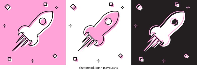 Set Rocket ship with fire icon isolated on pink and white, black background. Space travel.  Vector Illustration