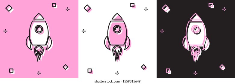 Set Rocket ship with fire icon isolated on pink and white, black background. Space travel.  Vector Illustration
