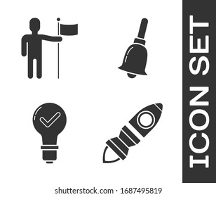 Set Rocket ship with fire, Man holding flag, Light bulb and check mark and Ringing bell icon. Vector