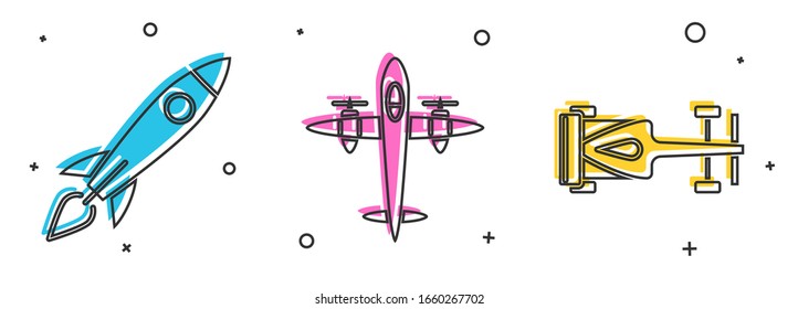 Coloque el barco Rocket con fuego, el viejo avión retro vintage y el icono de la carrera de Fórmula camión. Vector