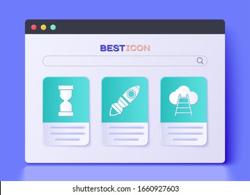 Coloca el barco Rocket con fuego, Viejo vidrio de arena flotante y Ladder que lleva al icono de la nube. Vector