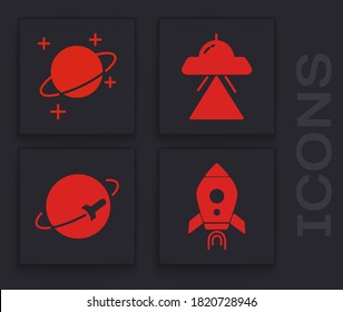 Set Rocket ship with fire, Planet, UFO flying spaceship and Planet icon. Vector