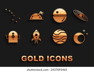 Set Rocket ship with fire, Planet, Moon and stars, Alien, Death, Great Bear constellation and flag icon. Vector