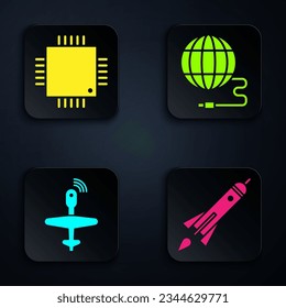 Set Rocket ship with fire, Processor with microcircuits CPU, UAV Drone and Social network. Black square button. Vector