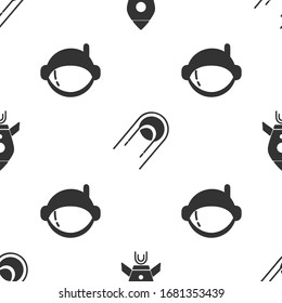 Set Rocket ship with fire, Satellite and Astronaut helmet on seamless pattern. Vector