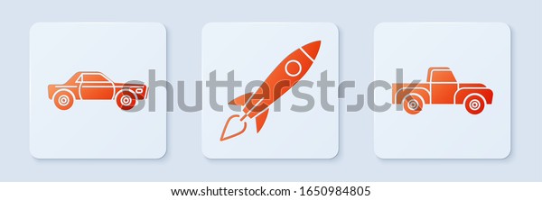 Set Rocket ship with fire, Sedan car and\
Pickup truck. White square button.\
Vector