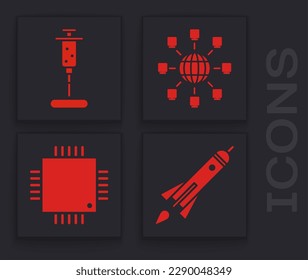 Set Rocket ship with fire, Syringe, Social network and Processor with microcircuits CPU icon. Vector