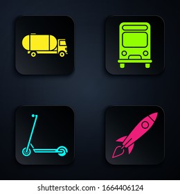 Set Rocket ship with fire, Tanker truck, Scooter and Bus. Black square button. Vector