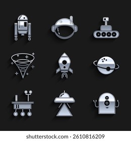 Set Rocket ship with fire, UFO flying spaceship, Alien, Planet, Mars rover, Black hole,  and Robot icon. Vector