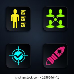 Set Rocket ship with fire, User of man in business suit, Target and check mark and Project team base. Black square button. Vector