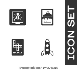 Set Rocket ship, Insects in a frame, Crossword and Card game icon. Vector