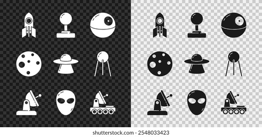 Set Rocket ship, Joystick, Death star, Satellite dish, Alien, Mars rover, Planet and UFO flying spaceship icon. Vector