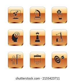Set Rocket ship, Man holding flag, Flag, Chess, Hand, Target,  and  icon. Vector