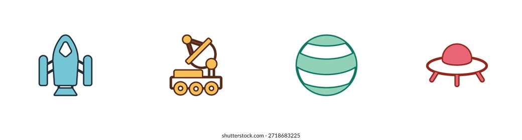 Set Rocket ship, Mars rover, Planet and UFO flying spaceship icon. Vector
