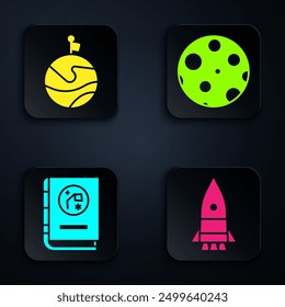 Set Rocket ship, Moon with flag, Book by astronomy and Moon. Black square button. Vector