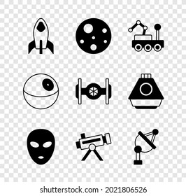 Set Rocket ship, Planet Mars, rover, Alien, Telescope, Satellite dish,  and Cosmic icon. Vector