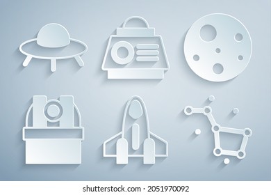 Set Rocket ship, Planet Mars, Astronomical observatory, Great Bear constellation, Space capsule and UFO flying spaceship icon. Vector
