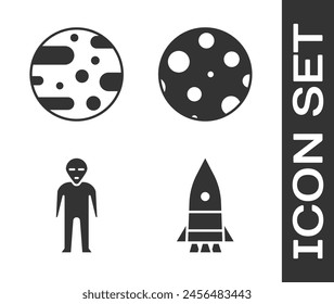 Set Rocket ship, Planet Mars, Alien and Moon icon. Vector