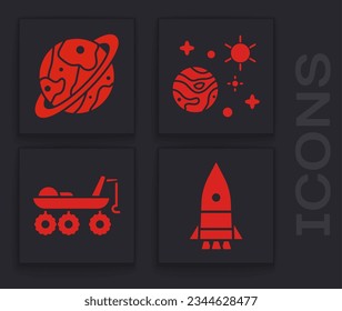 Set Rocket ship, Planet Saturn, Space and planet and Mars rover icon. Vector