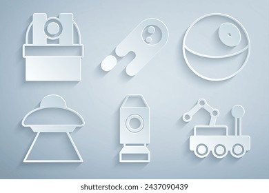 Set Rocket ship, Planet, UFO flying spaceship, Mars rover, Comet falling down fast and Astronomical observatory icon. Vector